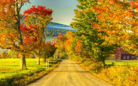 Autumn landscape - trees, beautiful, road, landscape, leaves, mountain, fall, path, countryside, season, autumn, golden, foliage