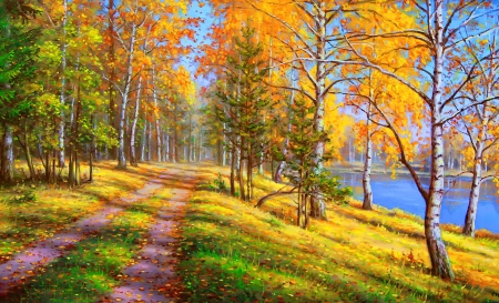 In autumn forest - beautiful, landscape, colors, forest, fall, path, season, autumn, painting, lake, golden, art