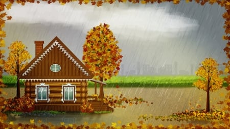 Autumn Cabin - trees, Autumn, cabin, Fall, grass, city, buildings, leaves, rain, houses, raining