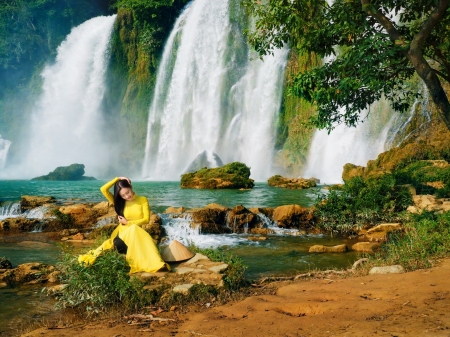 Peaceful Place - model, waterfall, trees, girl, nature