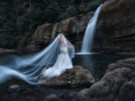 She Veiled Her Face - veil, mood, bride, waterfall, MODEL, woman, girl, wedding dress