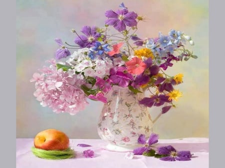 Spring table - flowers, vase, fruit, colors