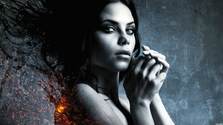 Witches of East End (TV Series 2013–2014) - poster, freya, tv series, girl, actress, Jenna Dewan Tatum, black, fantasy, grey, hand, fire, woman