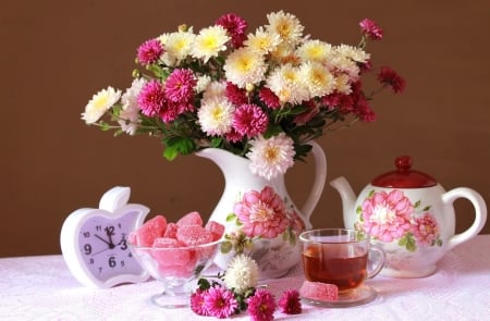 Still life - pretty, vase, coffee, beautiful, fragrance, clock, tea, lovely, still life, bouquet, sweet, flowers, scent, candles