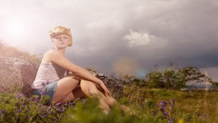 Early Morning Mist.. - women, fun, female, fog, boots, hats, fashion, models, western, girls, cowgirl, style, outdoors, blondes, mist, ranch