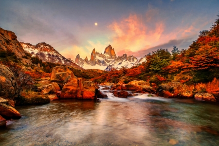 Autumn's Morning Light - boulders, autumn, mountain, trees, cascades, sun, water, mountains, rocks, fall, snow, river, clouds