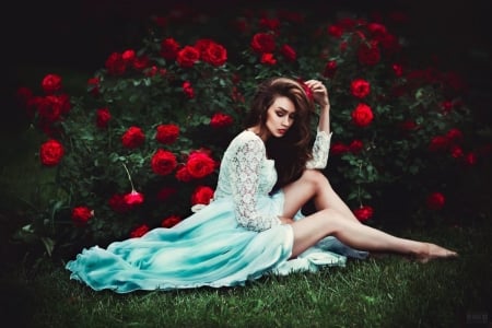 Beauty In Rose Garden - white, garden, model, dress, girl, rose, brunette