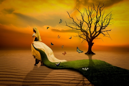 Sunset - Woman, Sand, Butterflies, Tree, Dune