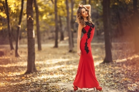 Unknown Model - trees, red dress, Forest, leaves, babe, nature, lady, woman, model, woods