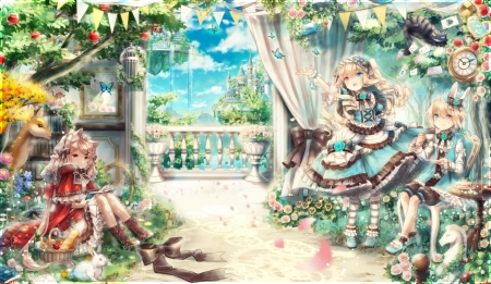 Dream of Shine - friend, flower, cute, blond hair, blonde, anime girl, adorable, girl, blond, blonde hair, scenery, lolita, cloud, friendship, pretty, kawaii, short hair, sweet, anime, porch, dress, sky, long hair, loli, nice, pillar, lovely, scene, female, boy, balcony