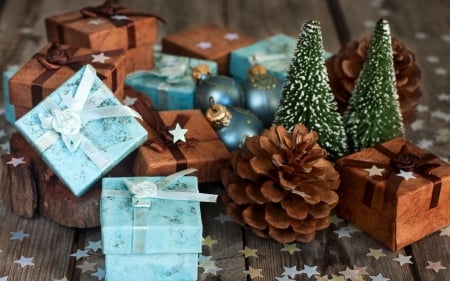 Happy Holidays! - pine cone, craciun, christmas, blue, holiday, box, gift, tree, green