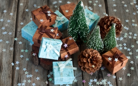 Happy Holidays! - pine cone, craciun, holidays, christmas, wood, blue, brown, box, gift