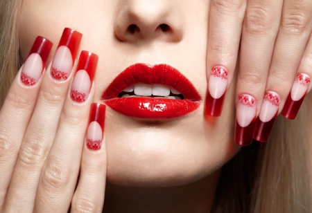 Red - manicure, woman, face, lips, red, hand, nails