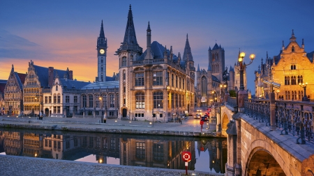 Gent, Belgium - river, sunset, lights, evening, city, buildings, bridge