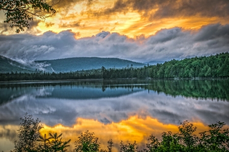 Reflection of the Sky - new york, sunrises, lake, sky, scenic, colorful, mountains, nature, reflections, reflection, clouds