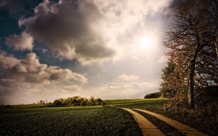 Going West - sky, landscape, clouds, weather, fields, trees, nature