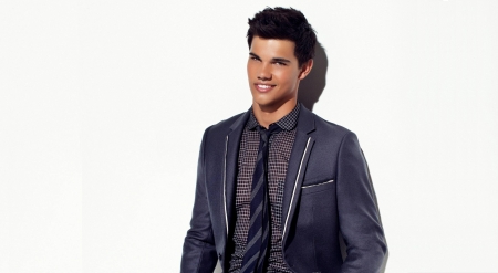 Taylor Lautner - tie, Taylor Lautner, actor, smile, white, costume, man