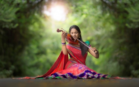 Playing Violin - women, violin, indian, sarree