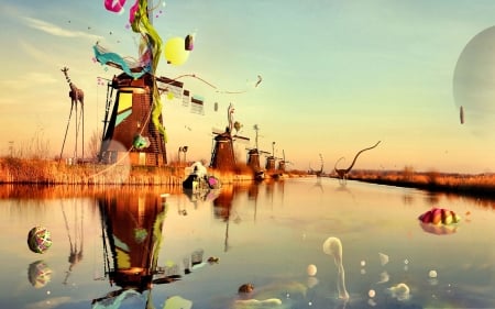 Surreal Windmills - abstract, water, dinosaurs, artwork, beautiful, surrealist, girrafe, wide screen, surrealism, painting, surreal, lake, art, windmill