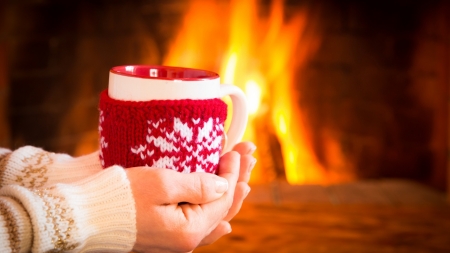 â™¥ - coffee, of fire, a cute, hot, mitten, winter, fireplace, cup