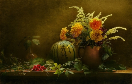 FLOWERS - vase, petals, colors, fruit