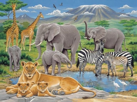 African animals - zebra, animal, elephant, giraffe, africa, jungle, lion, art