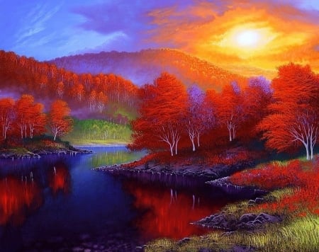 Beautiful Dawn - attractions in dreams, autumn, forests, trees, colorful, mountains, nature, love four seasons, dawn, paintings, sunrise, fall season