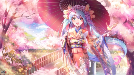 Hanairokoromo - pretty, miku hatsune, female, blossom, pink, happy, japan, umbrella, nice, beauty, kimono, sakura blossom, petals, yukata, cute, japanese, vocaloid, anime, kawaii, cherry, hatsune miku, oriental, hd, smiling, anime girl, sakura, beautiful, girl, lovely, sweet, smile, miku, adorable, hatsune