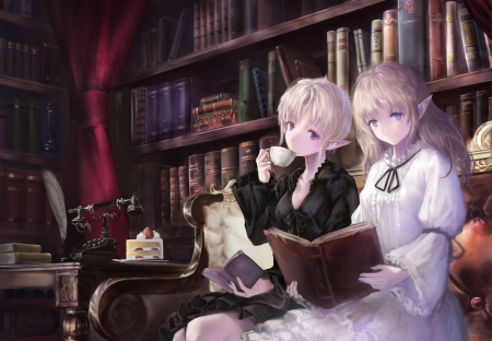 Break Time - black, cute, elf, anime girl, adorable, cup, girl, white, tea, table, lolita, reading, read, cake, sundress, pretty, kawaii, shelf, tea time, sweet, anime, hd, dress, library, loli, home, nice, lovely, female, house, curtain