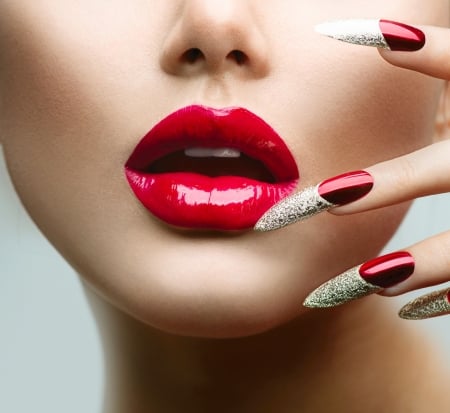 Red - lips, hand, woman, red, nails, face, manicure, lipstick