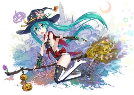 Hatsune Miku - halloween, vocaloid, anime, girl, blue, manga, white, witch, tagme, fantasy, hat, hatsune miku