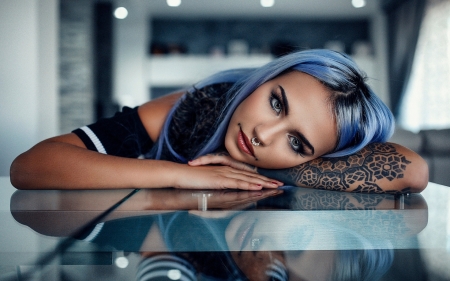 Beauty - alessandro di cicco, tattoo, blue, woman, model, girl