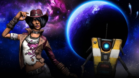 Space Cowgirl & Sidekick.. - women, fun, female, hats, brunettes, western, robot, girls, space, cowgirl, style, outdoors, science, video games