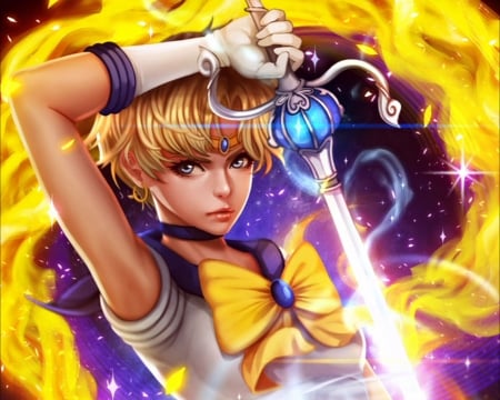 Sailor Uranus - purple, sailor uranus, yellow, anime, girl, blue, manga, fantasy, magion02, sailor moon, luminos