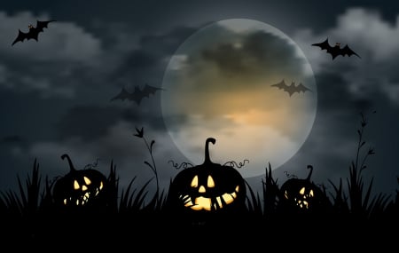 Scary Pumpkins - moon, bats, artwork, halloween, night, sky