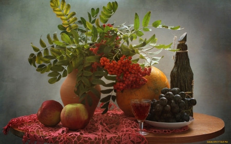 Autumn Still Life - grapes, apples, rowan, pumpkin, still life