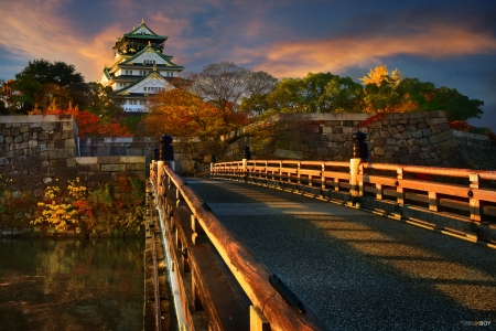 Color of Osaka - nature, autumn, japan, castle, scenery, japanese, bridge, osaka