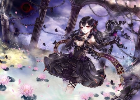 Loriaroses - hot, anime girl, elegant, white, dark, lilies, lady, sexy, adorable, long hair, smoke, butterfly, floral, beautiful, pink, dress, beauty, female, chain, black, gorgeous, anime, cute, maiden, girl, loli, gown, hd, lotus, kawaii, water lily, blossom, lolita, flower