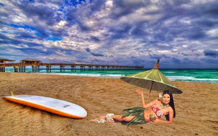 Girl on the beach cocktail - blue sea, parasol, She and Cocktail, surfboard, pier