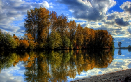 Autumn Reflection - clouds, river, trees, nature, autumn, lake, forest, reflection