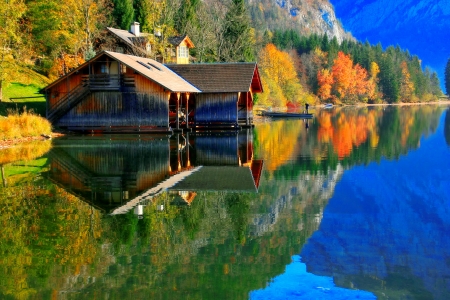 Explosion of autumn colors - autumn, fishing, trees, peaceful, colorful, foliage, fall, reflection, lake, explosion, serenity, village, october, forest, tranquil, beautiful, mirror, cabin, austria