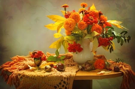 Fall still life - pretty, vase, beautiful, table, colors, lovely, still life, bouquet, leaves, flowers, fall, autumn, foliage