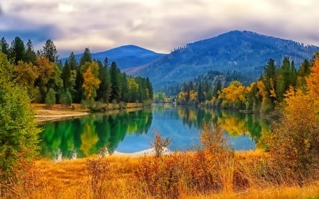 Autumn landscape - hills, landscape, tranquil, forest, reflection, mountain, mirror, mist, lake, trees, beautiful, colors, fall, season, autumn, serenity, foliage