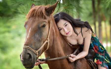 Beauty - woman, horse, girl, green, animal, asian, model