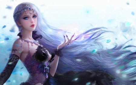 Fantasy girl - woman, beauty, girl, frumusete, asian, fantasy, game, hand, luminos, blue