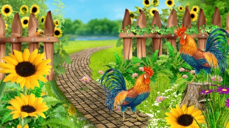 Roosters in the Gardaen - chickens, sunflowers, summer, fence, fall, Firefox Persona theme, autumn, roosters, garden, field