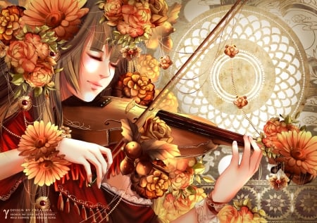 Sonata - anime, violin, girl, flower, orange, creamsea, manga, instrument, luminos