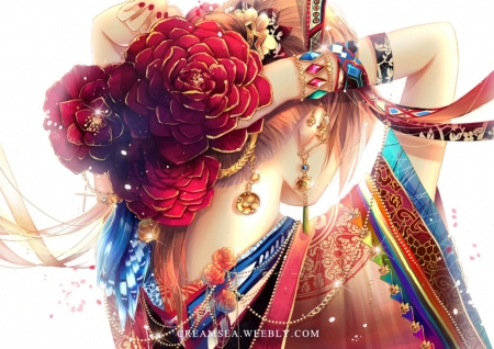 Beauty - anime, geisha, blue, girl, flower, hair, creamsea, manga, hand, red, luminos