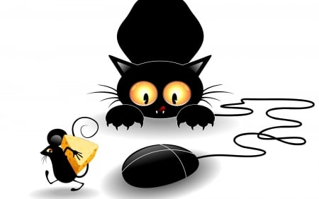 Busy cat - black, white, funny, halloween, mouse, cat