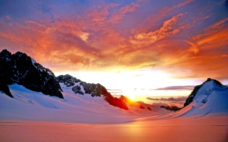 Sunset Over First Snow - colorful, clouds, mountains, sky